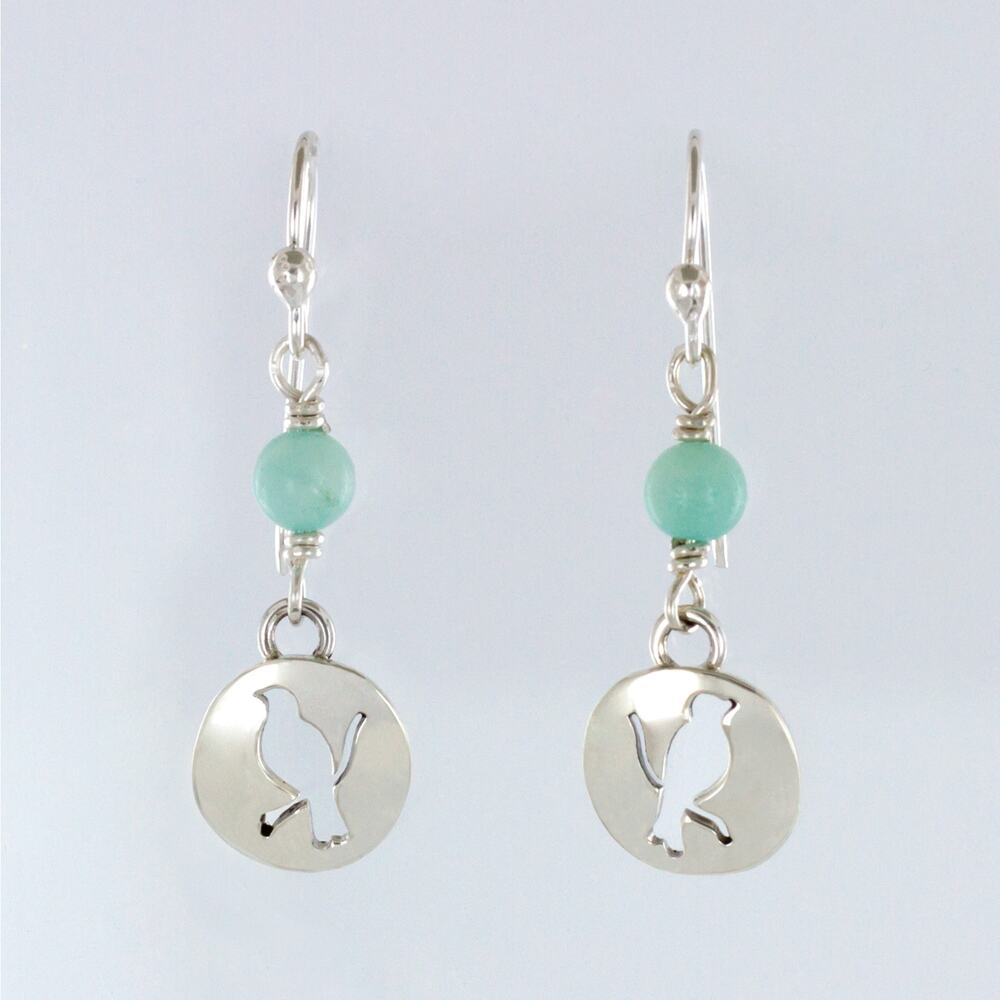 Far Fetched Bird Cutout Dangle Earrings Amazonite Bead 925 Sterling Silver - Picture 1 of 1